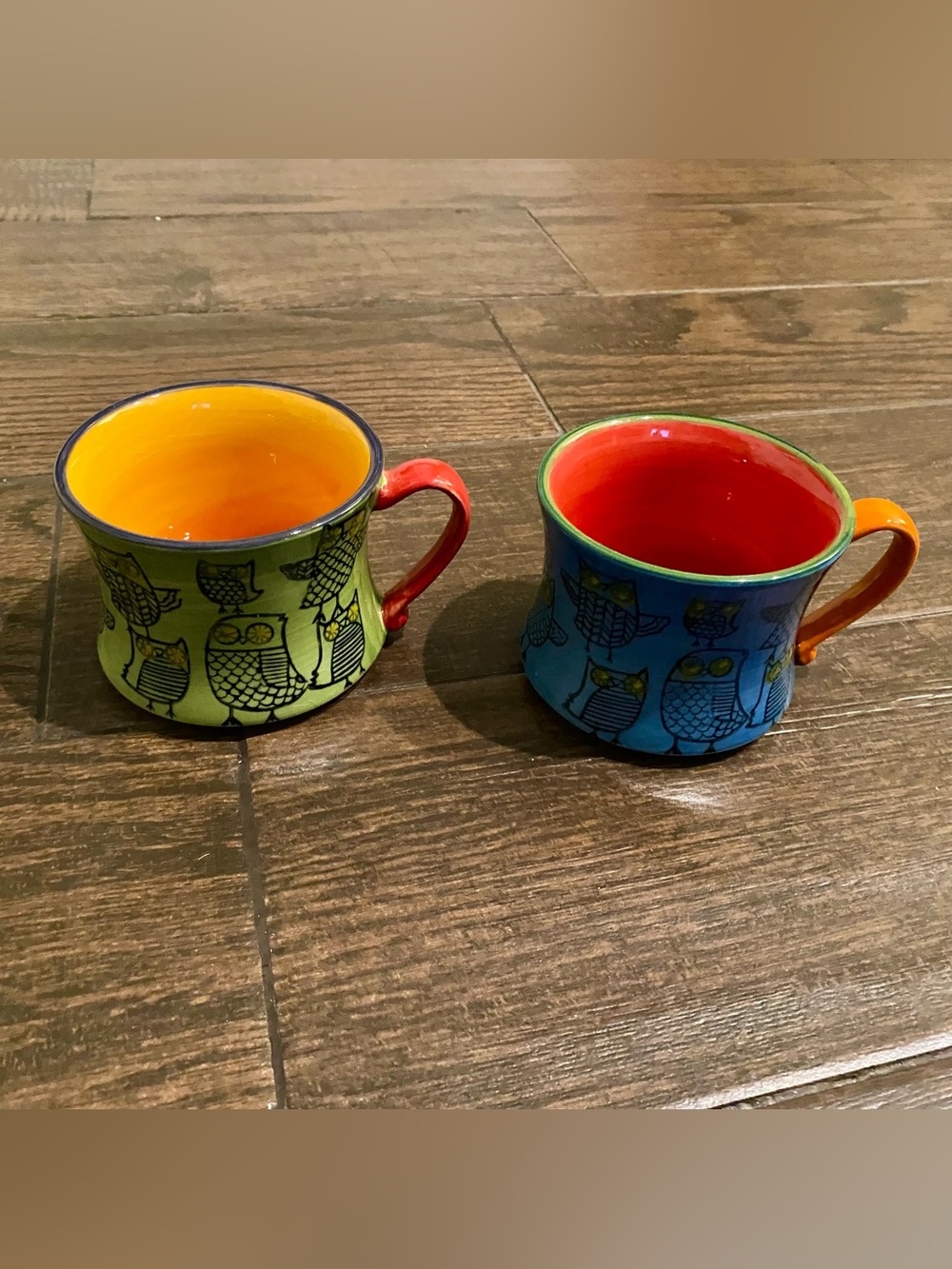 Pier 1 Bright Owl Ceramic Mugs - Green & Blue Set